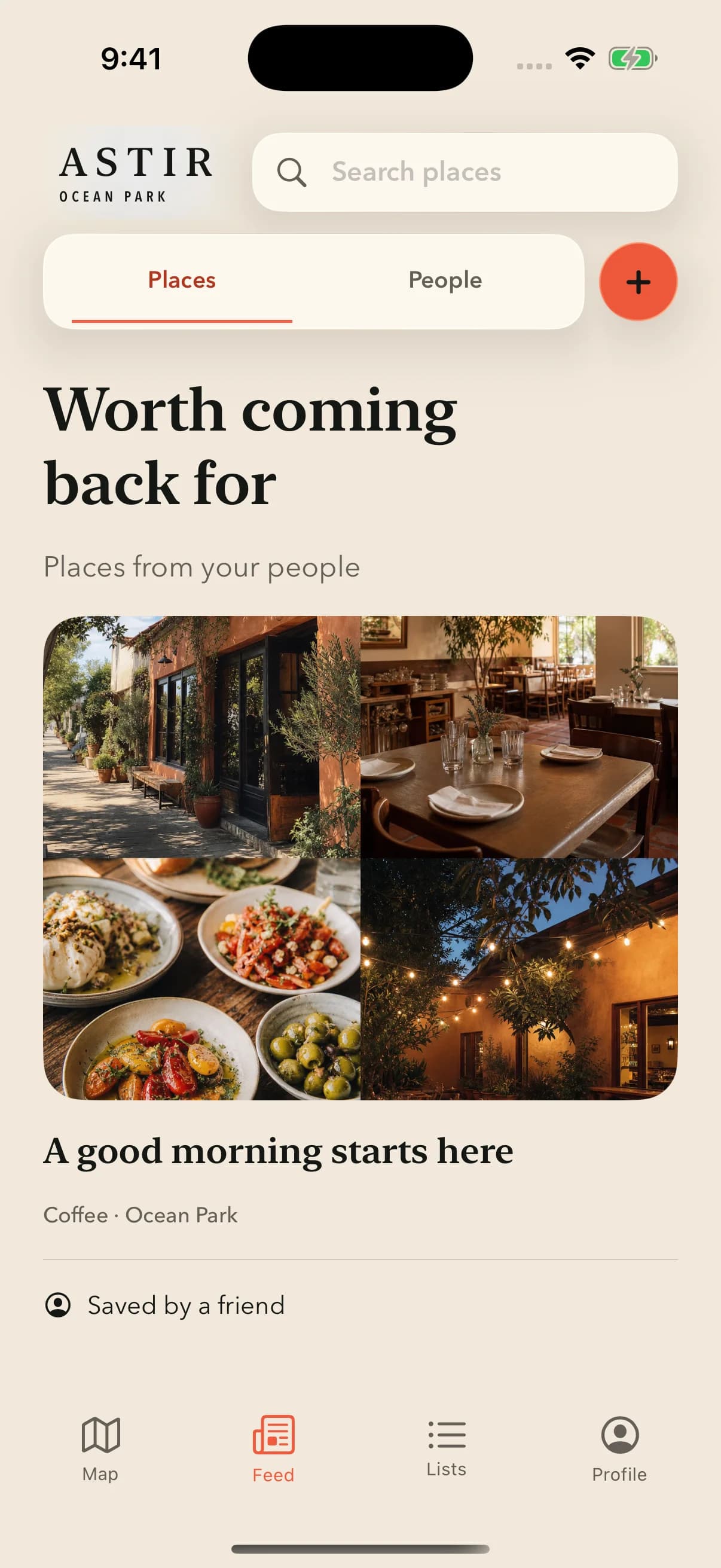 Astir Feed interface preview with editorial typography, floating search, and a photo place card.